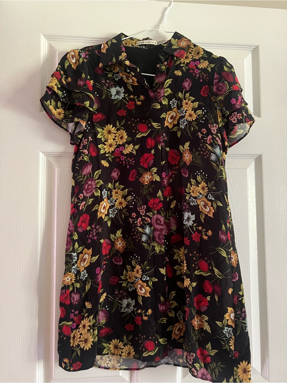 Alice + Olivia Black Floral Short Sleeve Dress with Multicolor Blooms size XS